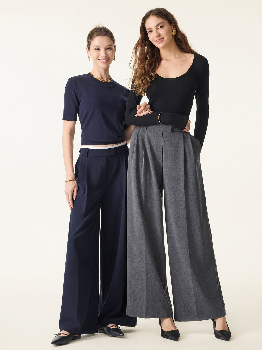 Double-Pleated Mid Rise Wide Leg Trousers