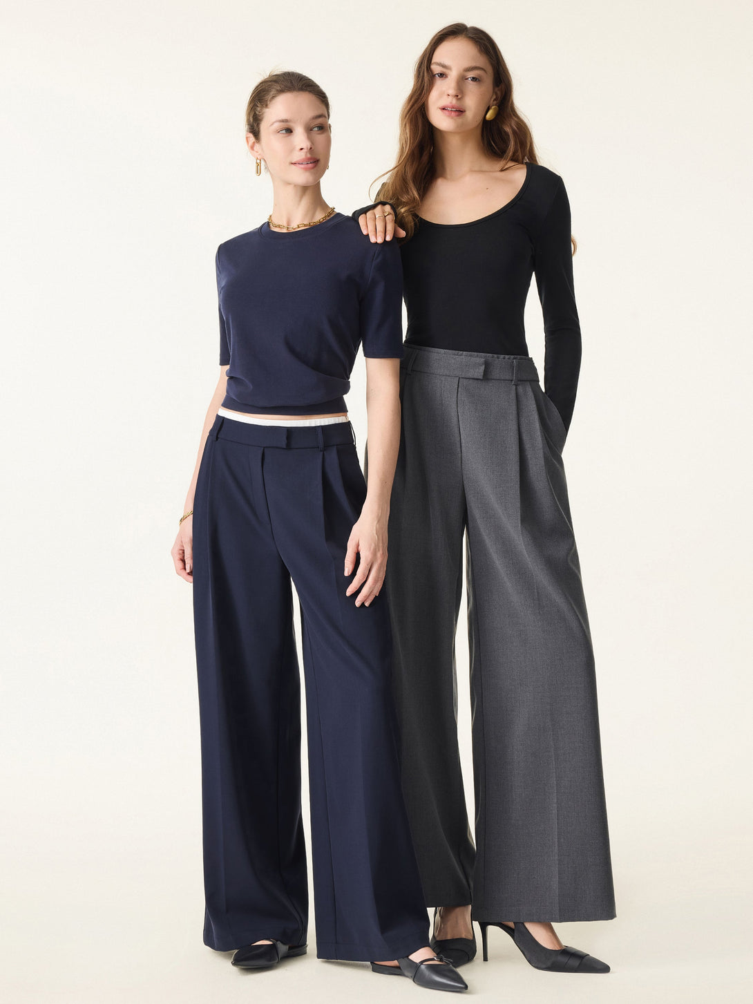Double-Pleated Mid Rise Wide Leg Trousers