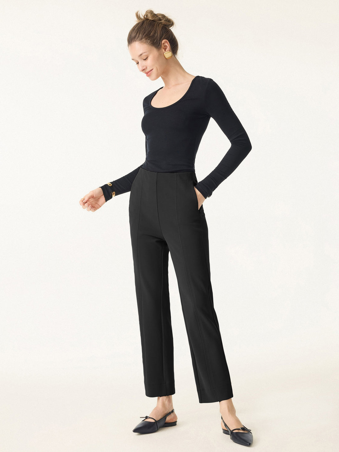Sandwashed Mid Rise Slim Straight Pull-on Pants with Pockets