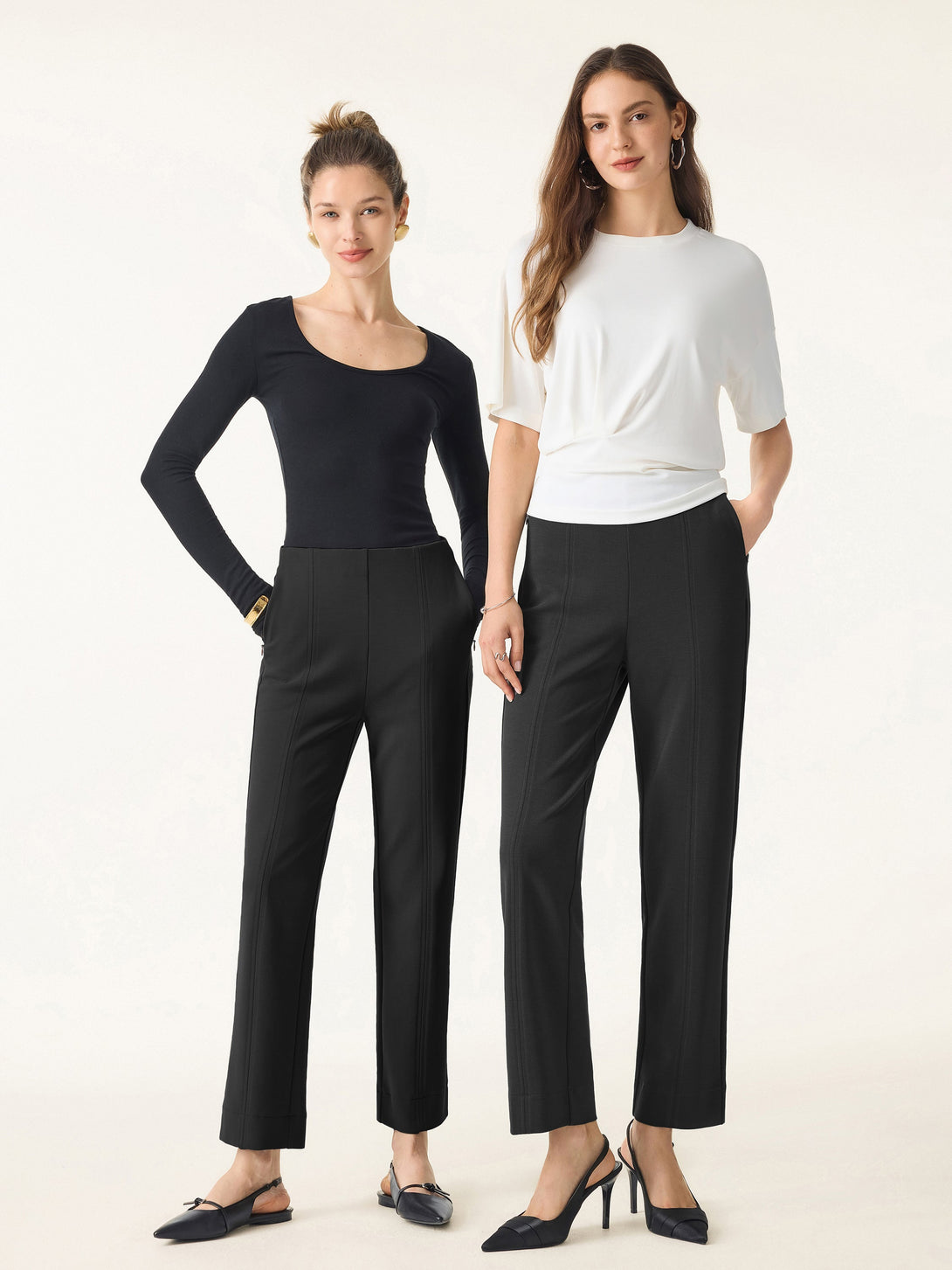 Sandwashed Mid Rise Slim Straight Pull-on Pants with Pockets