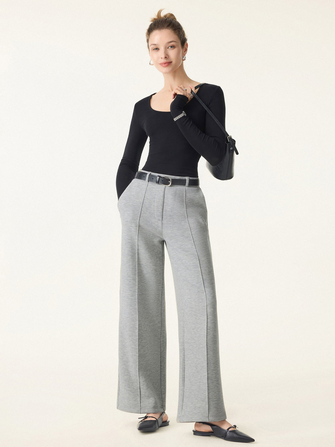 High Waisted Straight Leg Pull On Pant Petite Heather Grey