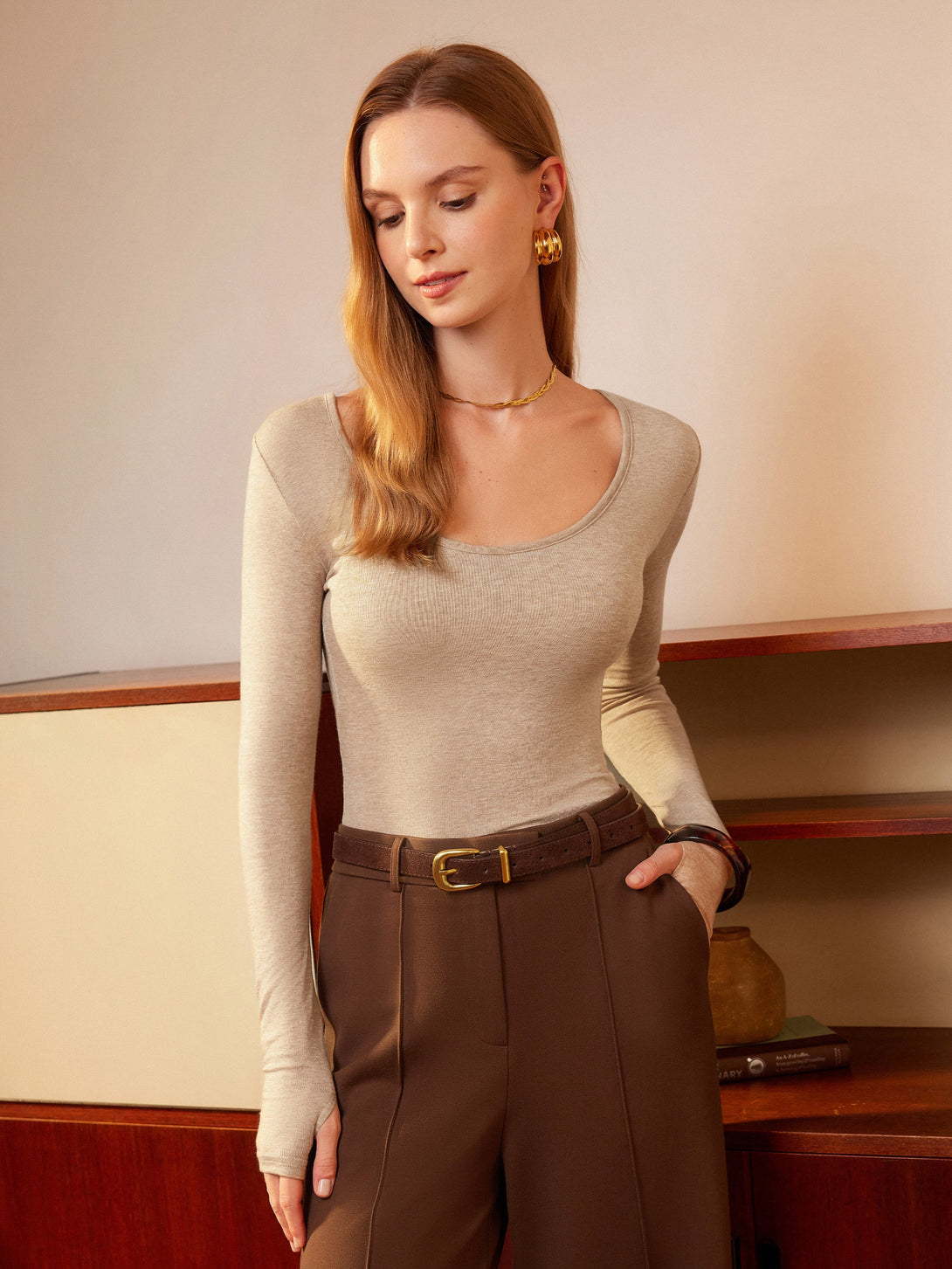 Essential Lyocell Cashmere Multi-Wear Long Sleeve Top with Thumbholes Heather Calico XS