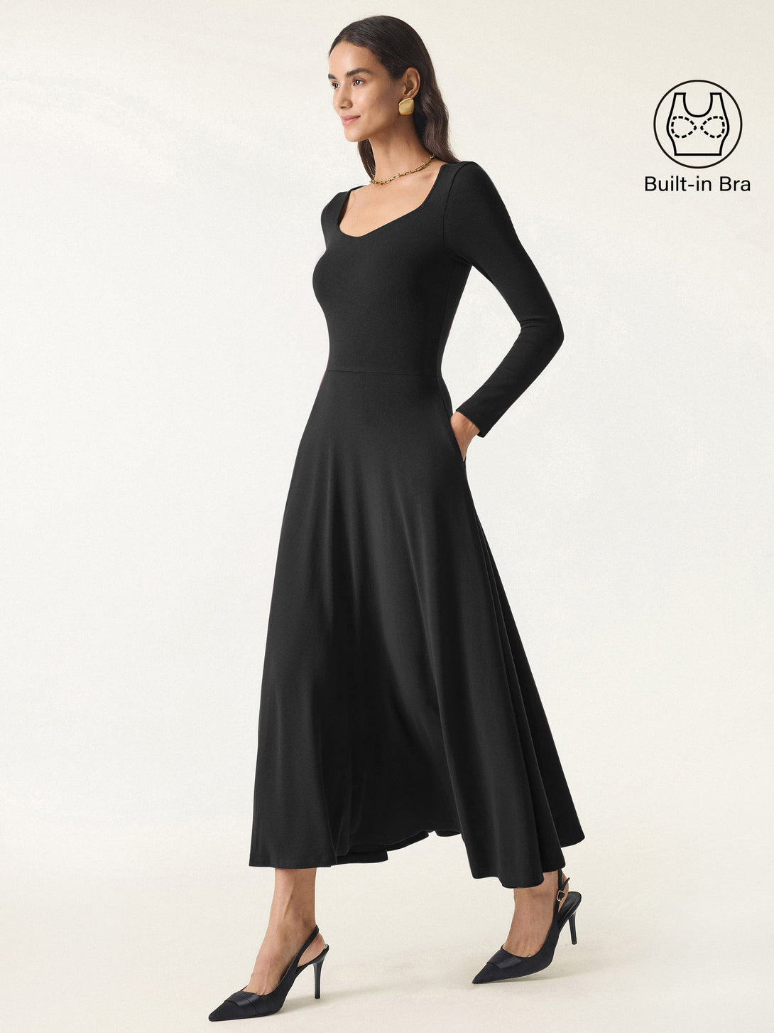 LiteWarm Flowy Diamond Neck Maxi Brami Dress with Pockets Black XS