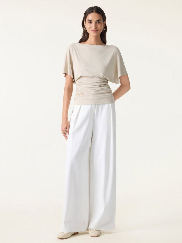 OGLmove 2Pcs Set Boatneck Batwing Sleeve Top & Mid-Rise Wide-Leg Lounge Pants