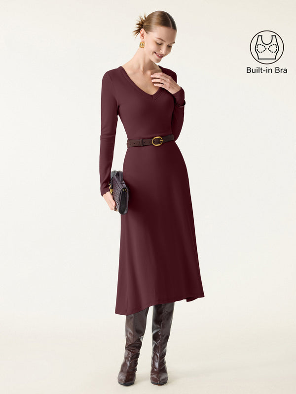 Everyday V-neck Long Sleeve Midi Brami Dress Ruby XS
