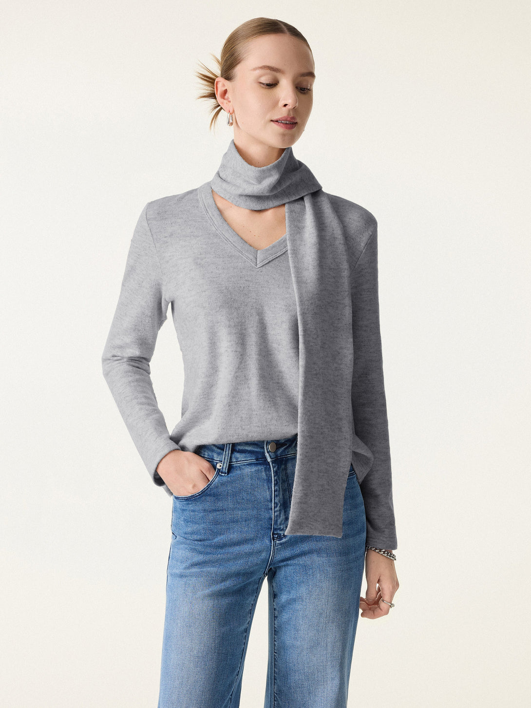 Relaxed Fit V-Neck Top with Scarf Heather Grey XS