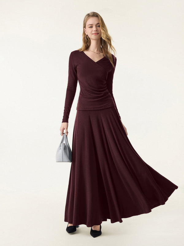 2Pcs Set Petite Godet Hem Pull-on Maxi Skirt & Surplice Ruched Long Sleeve Ruby Berry XS