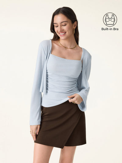 2Pcs Set Bell Sleeve Cardigan & Adjustable Spaghetti Bra Tank Salt Blue XS