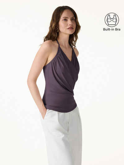 OGLmove Modal Halter Neck Surplice Ruched Bra Top Purple Gloam XS