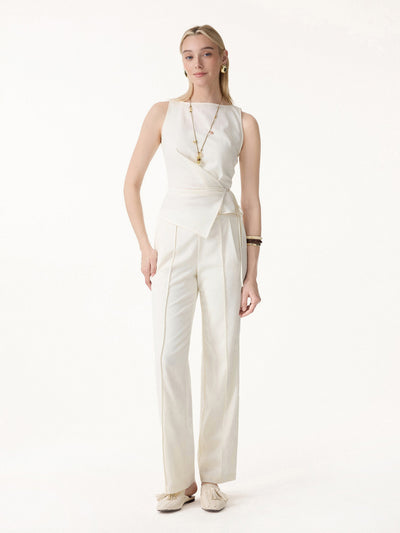 OGLmove 2Pcs Set Boatneck Waist-Defined Top & Pintuck Wide Leg Pants Eggnog XS
