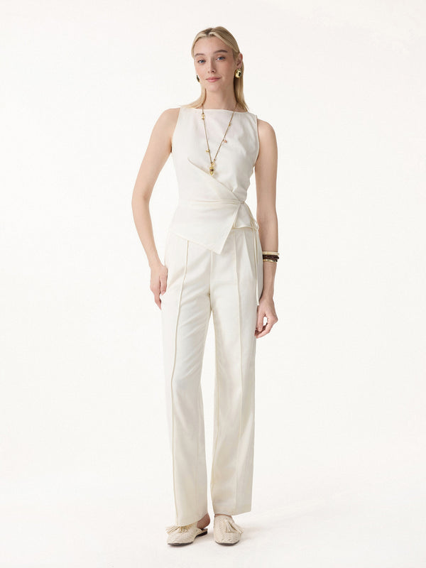 OGLmove 2Pcs Set Boatneck Waist-Defined Top & Pintuck Wide Leg Pants Eggnog XS
