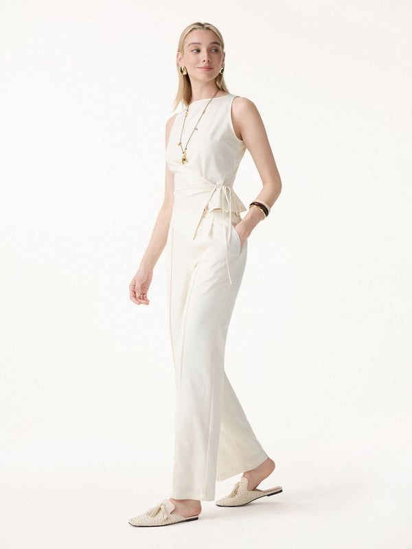 OGLmove 2Pcs Set Boatneck Waist-Defined Top & Pintuck Wide Leg Pants