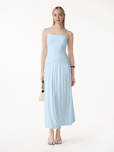Not-See-Thru Spaghetti Gathered Maxi Bra Dress