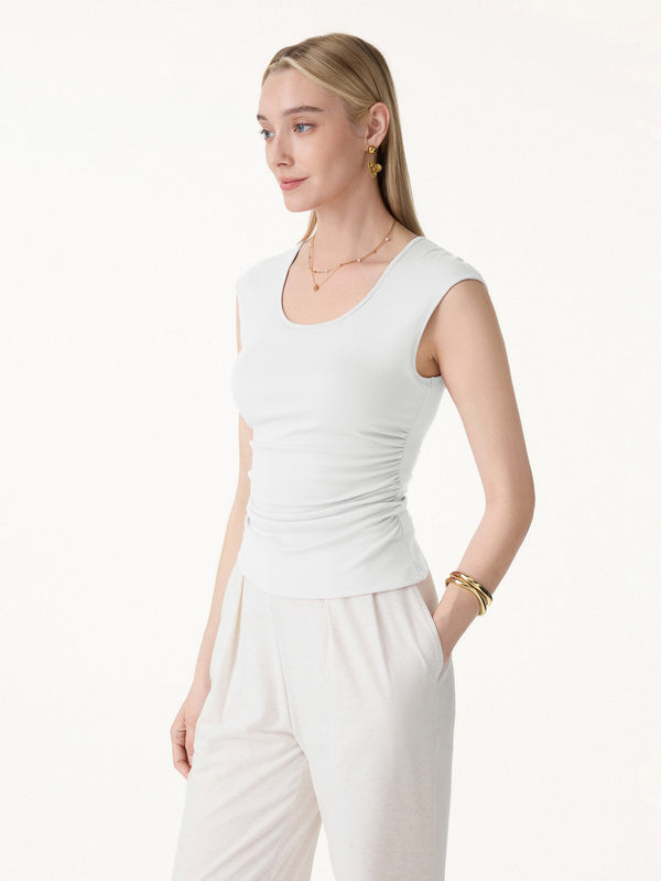 OGLmove Soft Linen Knit Scoop Neck Ruched Bra Top