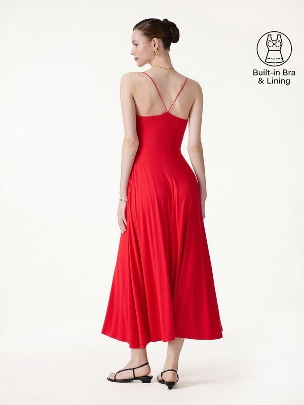 OGLmove SkinKiss Classy Spaghetti Open Back Midi Bra Dress with Pockets Red XS