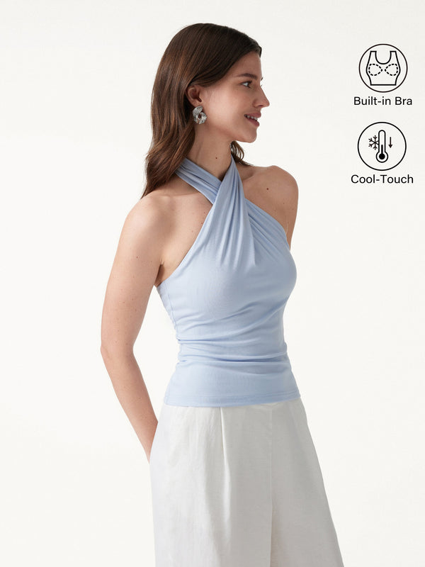 OGLmove Criss Cross Halter Neck Going-Out Bra Top Dew Sky Blue XS