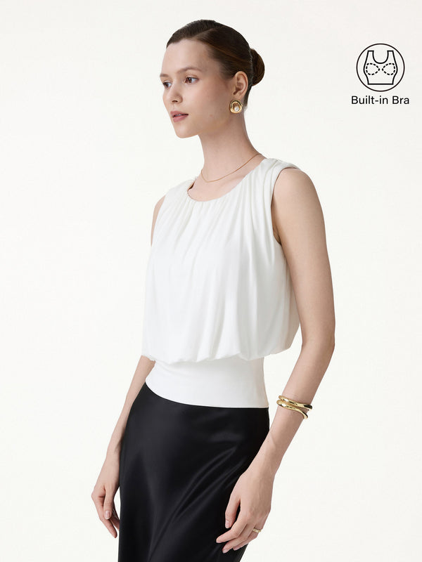 OGLmove Round Neck Gathered Sleeveless Bra Top White XS
