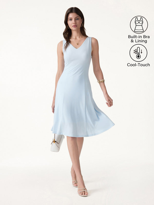 OGLmove Stretch Ponte V-Neck A-Line Midi Bra Dress Blue Air XS
