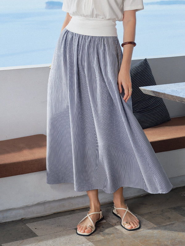 OGLmove Striped Poplin High Rise Umbrella Midi Skirt with Pockets