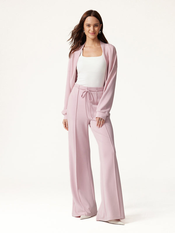 OGLmove 2Pcs Set Long Sleeve Drop-Shoulder Cardigan & High-Rise Flare Pants with Pockets Crepe Pink XXS