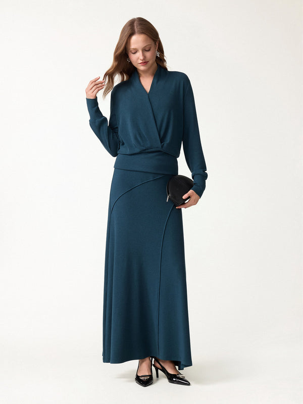 OGLmove 2Pcs Set Surplice Long Sleeve Banded Hem Top & A-Line Midi Skirt Forest Night XXS