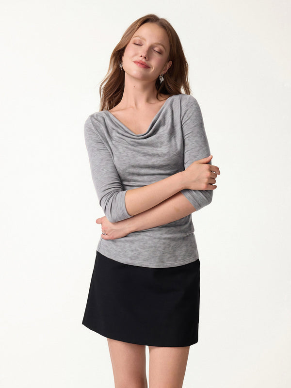 OGLmove Lyocell-Wool Cowl Neck 3/4 Sleeve Ruched Cuff Top Heather Grey XXS