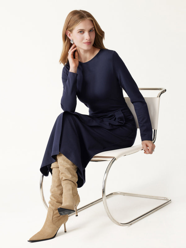 OGLmove Viscose Ponte Boatneck Long Sleeve Tucked Midi Dress Smoky Navy XXS