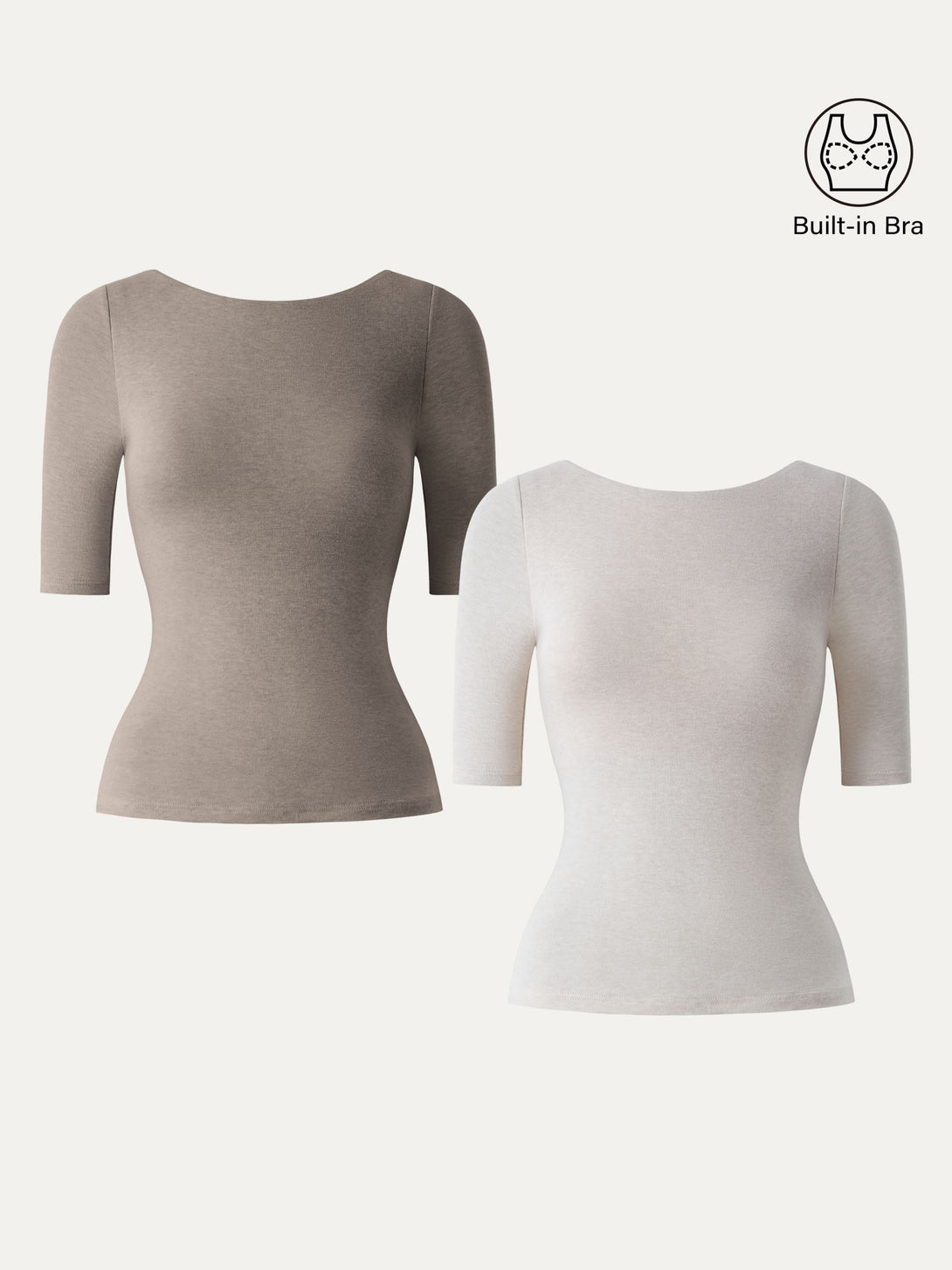 2Pcs Set Lyocell Cashmere Boatneck Elbow Length Sleeve Brami Heather Rock/Heather Fog Ivory XS