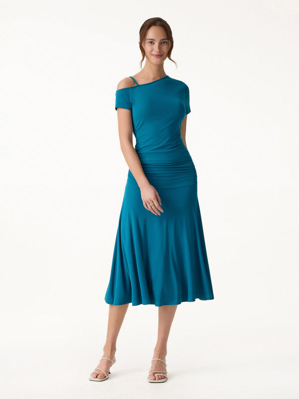 OGLmove 2Pcs Set SkinKiss Asymmetrical Shoulder Bra Top & Side Ruched A-line Midi Skirt