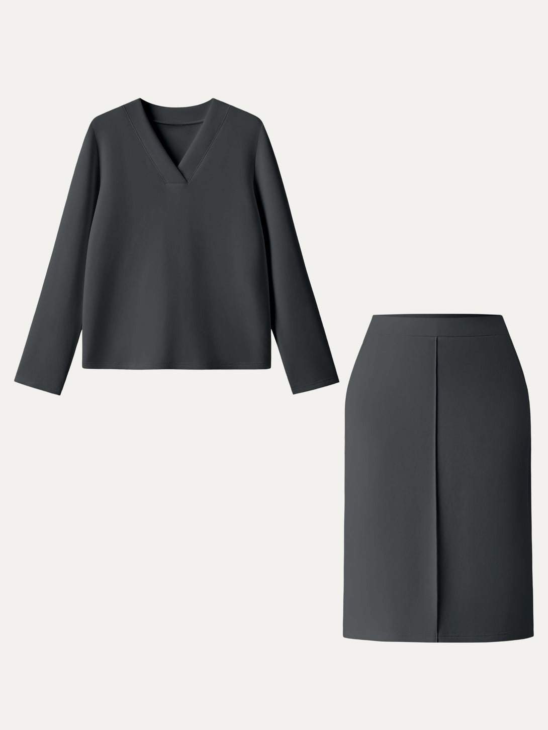 2Pcs Set Modal Spacer V-neck Pullover Shirt & A-Line Midi Skirt with Pockets Blue Charcoal XS