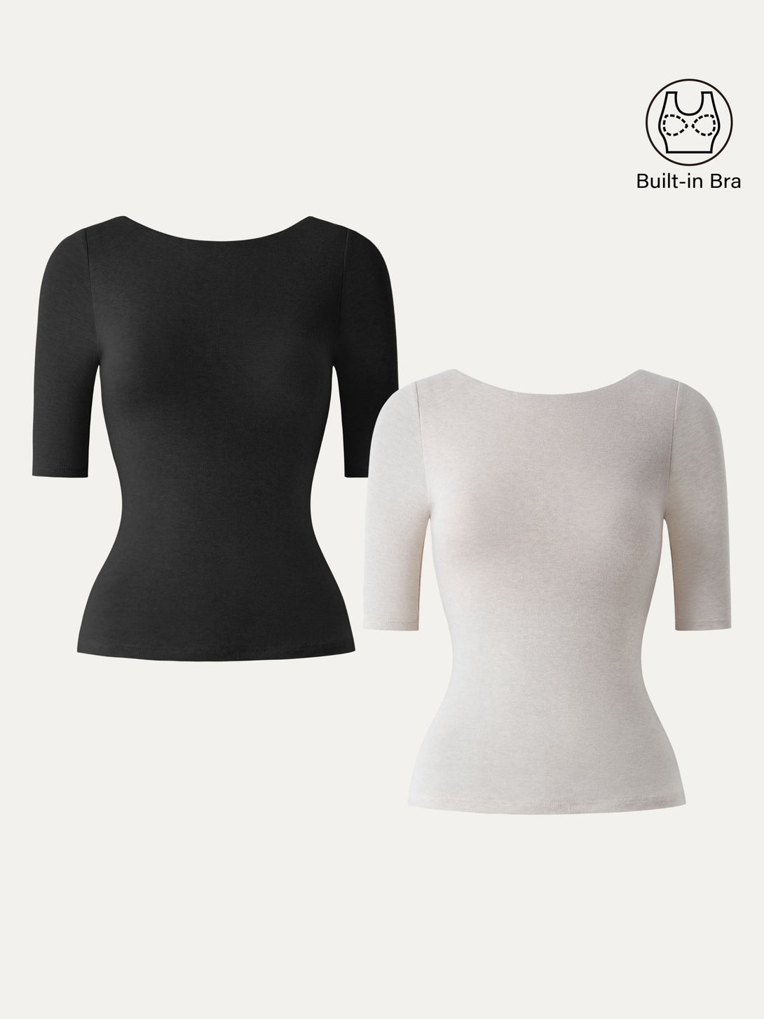2Pcs Set Lyocell Cashmere Boatneck Elbow Length Sleeve Brami Black/Heather Fog Ivory XS