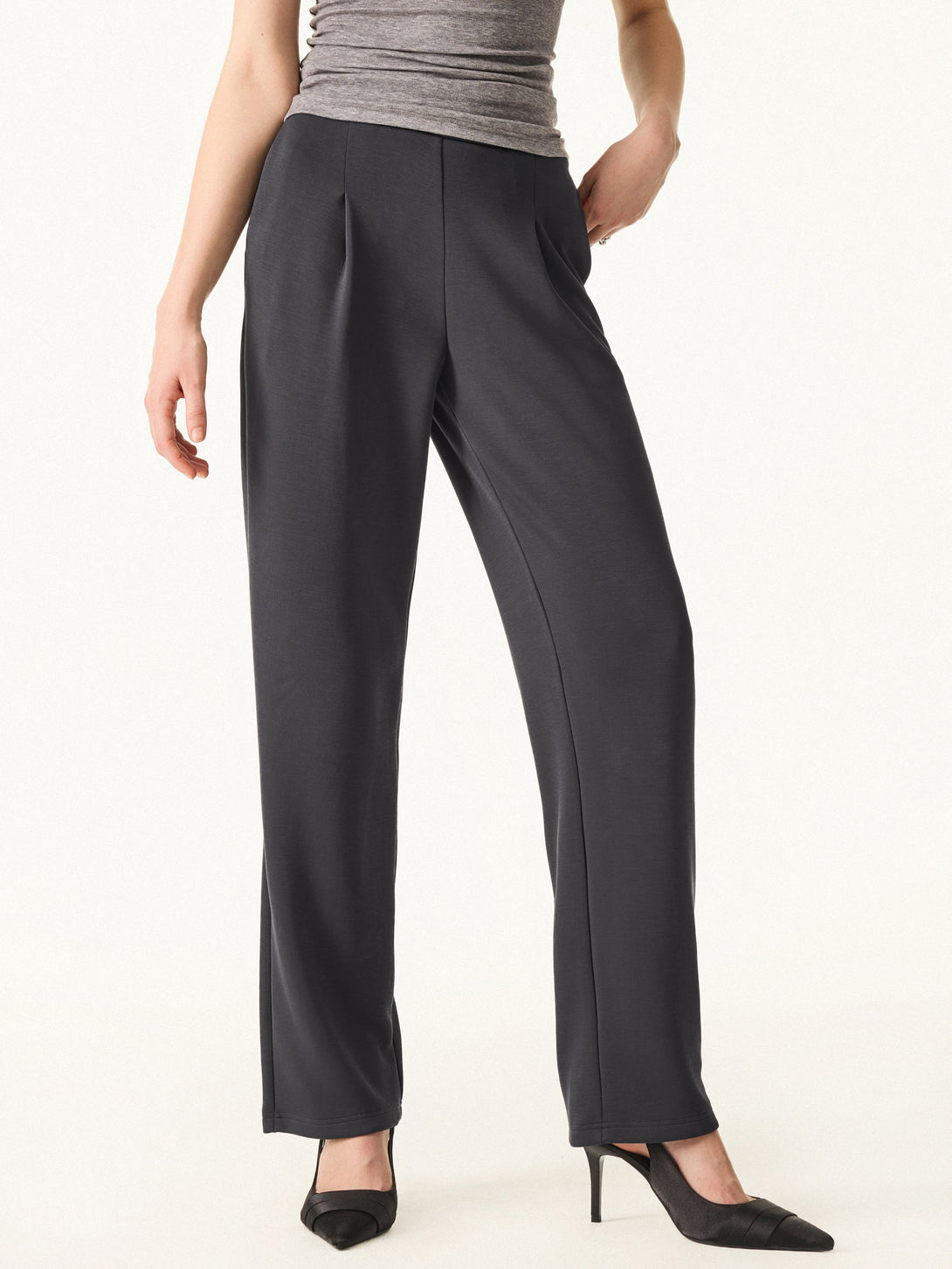 Sandwashed Spacer Mid Rise Straight Leg Pull-on Trousers with Pockets Regular Blue Charcoal