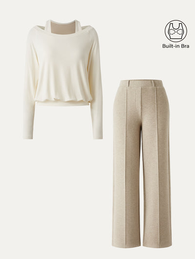 2Pcs Set Multi-Wear Layering Brami Top & High Waisted Straight Leg Pull On Pant Off White/Heather Morganite XS