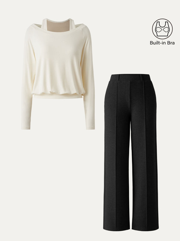 2Pcs Set Multi-Wear Layering Brami Top & High Waisted Straight Leg Pull On Pant Black/Off White XS