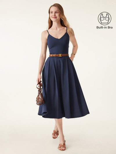 Bamboo Ponte V-neck Fit-and-flare Midi Brami Sundress with Pockets Midnight Navy XS