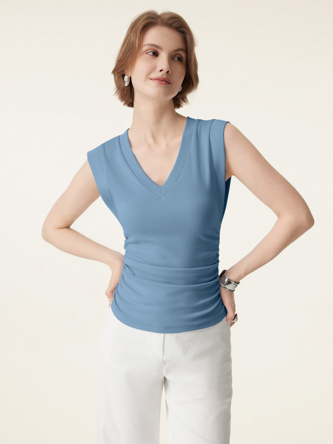 2Pcs Set Brami Stretch Cotton V-neck Side Ruched Muscle Top