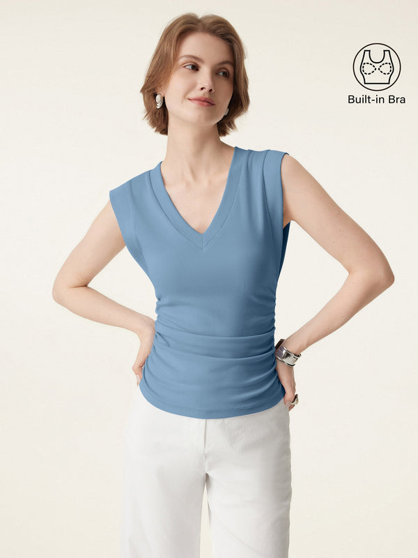 OGLmove Stretch Cotton V-neck Side Ruched Muscle Built-In Bra Top 2.0 Dusk Blue XS