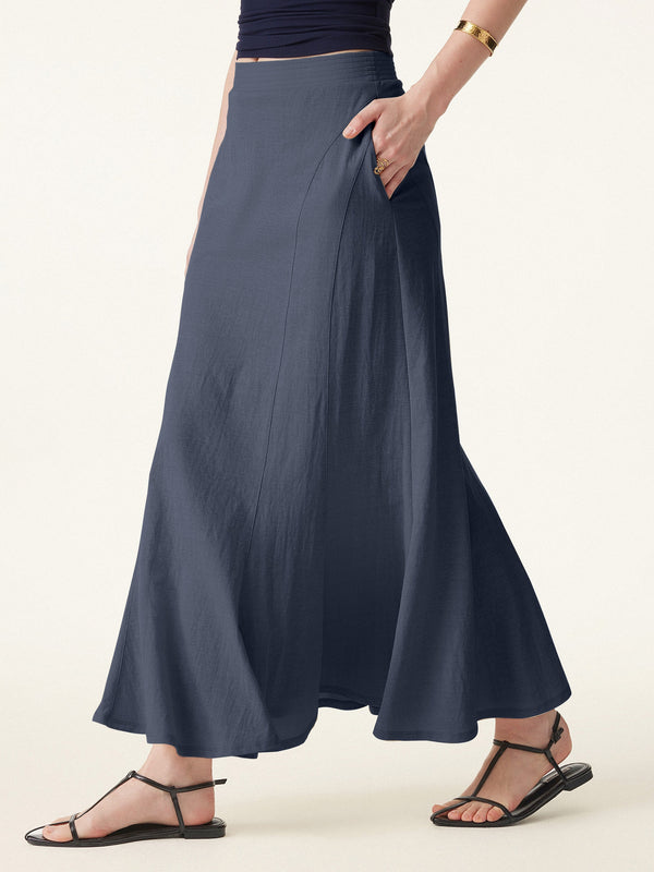 Wrinkle-resistant Cotton-linen Pull-on Midi Skirt Smoky Navy XS