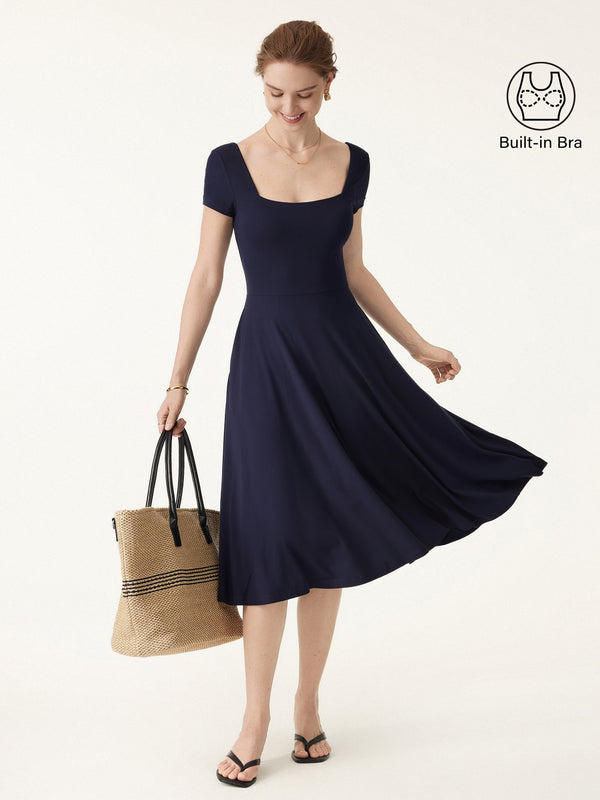 OGLmove Flowy Square Neck Short Sleeve Midi Bra Dress Midnight Navy XS