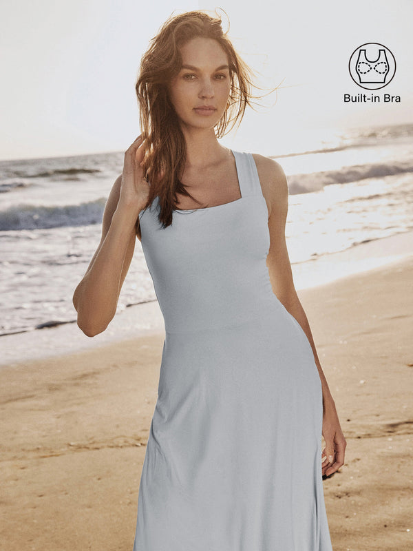 Flowy Square Neck Wide Straps Midi Brami Dress with Pockets Sky Glass XS
