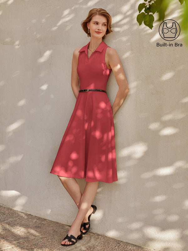 Stretch Cotton Polo Neck Fit-and-flare Midi Brami Dress with Pockets