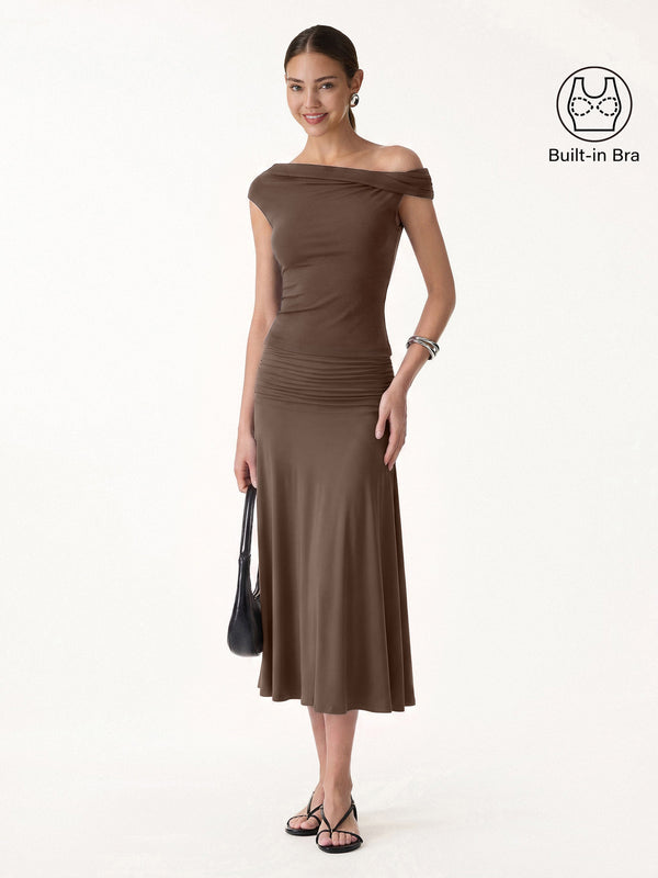 OGLmove 2Pcs Set Multi-wear Bra Top & Side Ruched A-line Midi Skirt Iced Mocha XS