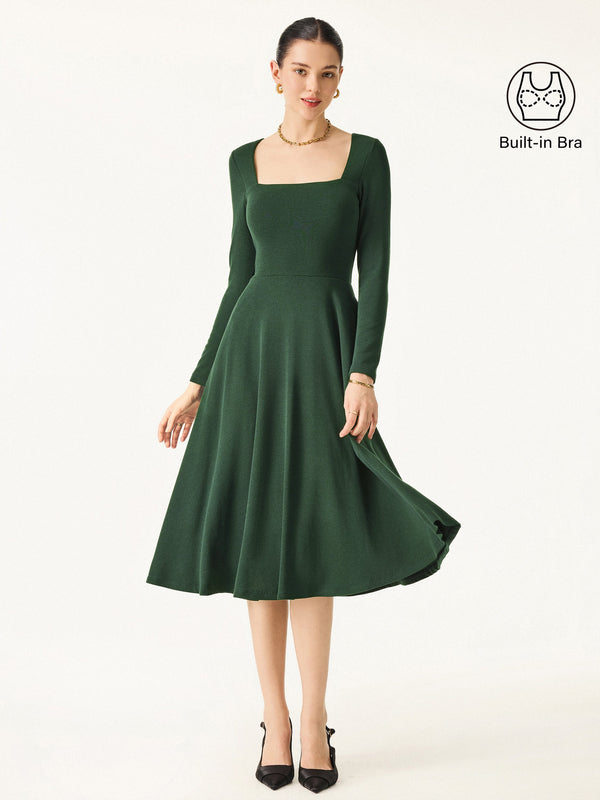 Essential Square Neck Long Sleeve Fit-and-Flare Brami Midi Dress with Pockets