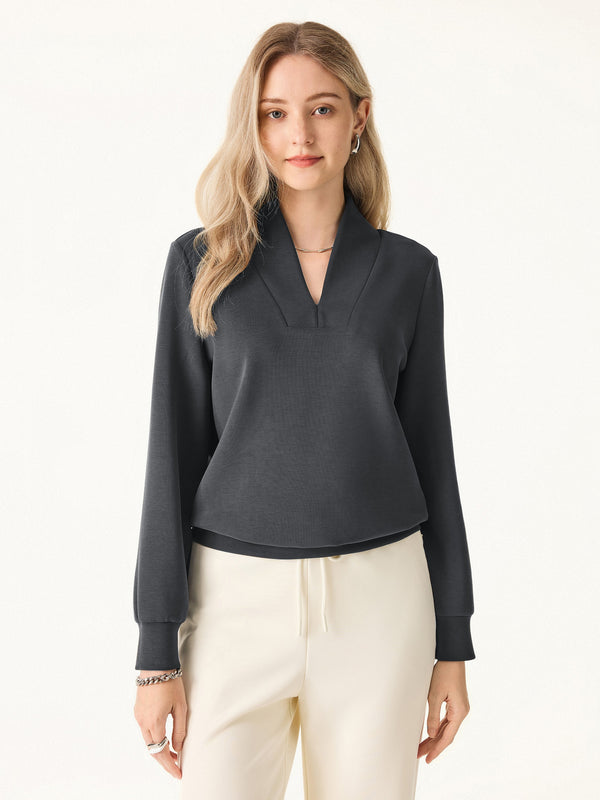 Essential V-Neck Long Sleeve Pullover Top Blue Charcoal XS
