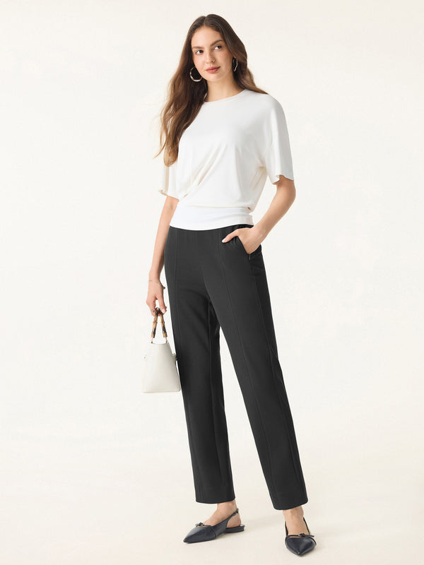 Sandwashed Mid Rise Slim Straight Pull-on Pants with Pockets