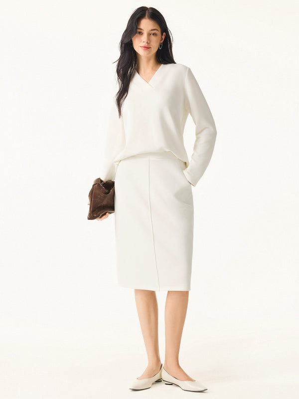 2Pcs Set Modal Spacer V-neck Pullover Shirt & A-Line Midi Skirt with Pockets Off White XS