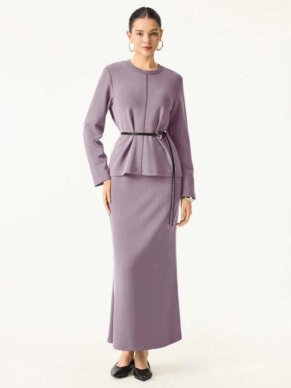 2Pcs Set Crew Neck Pullover Shirt & Wrinkle-Resistant Maxi Pull-on Skirt Millennial Pink XS