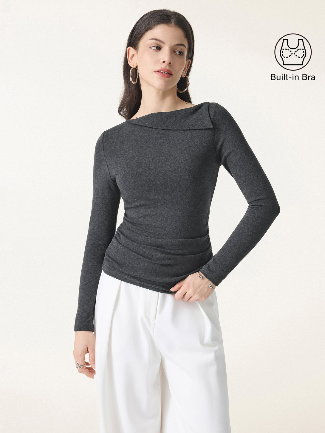Light Warm Asymmetrical Fold-Over Side Ruched Brami Top Heather Shadow XS