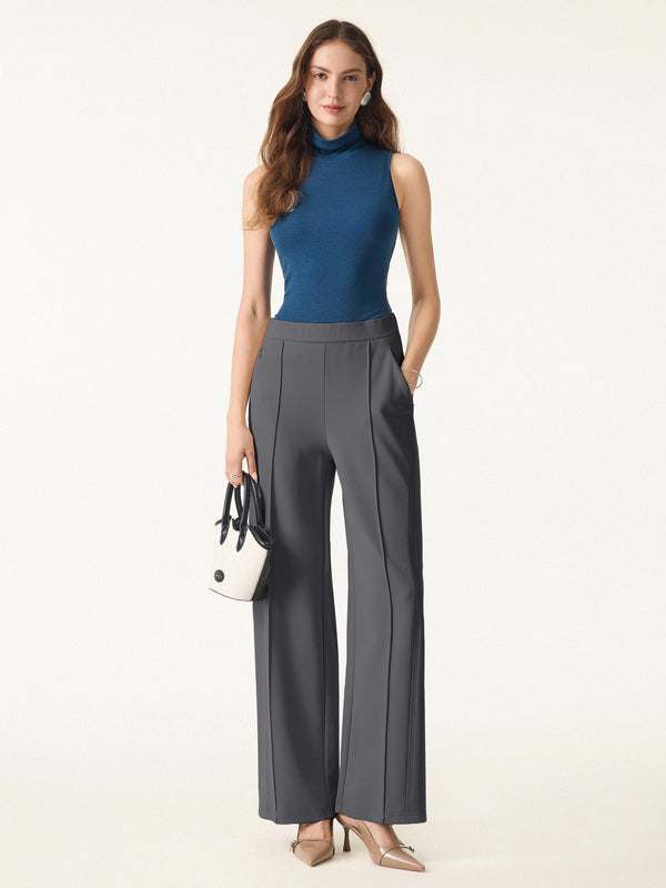 Wrinkle-Resistant Mid Rise Wide Leg Pants with Pockets