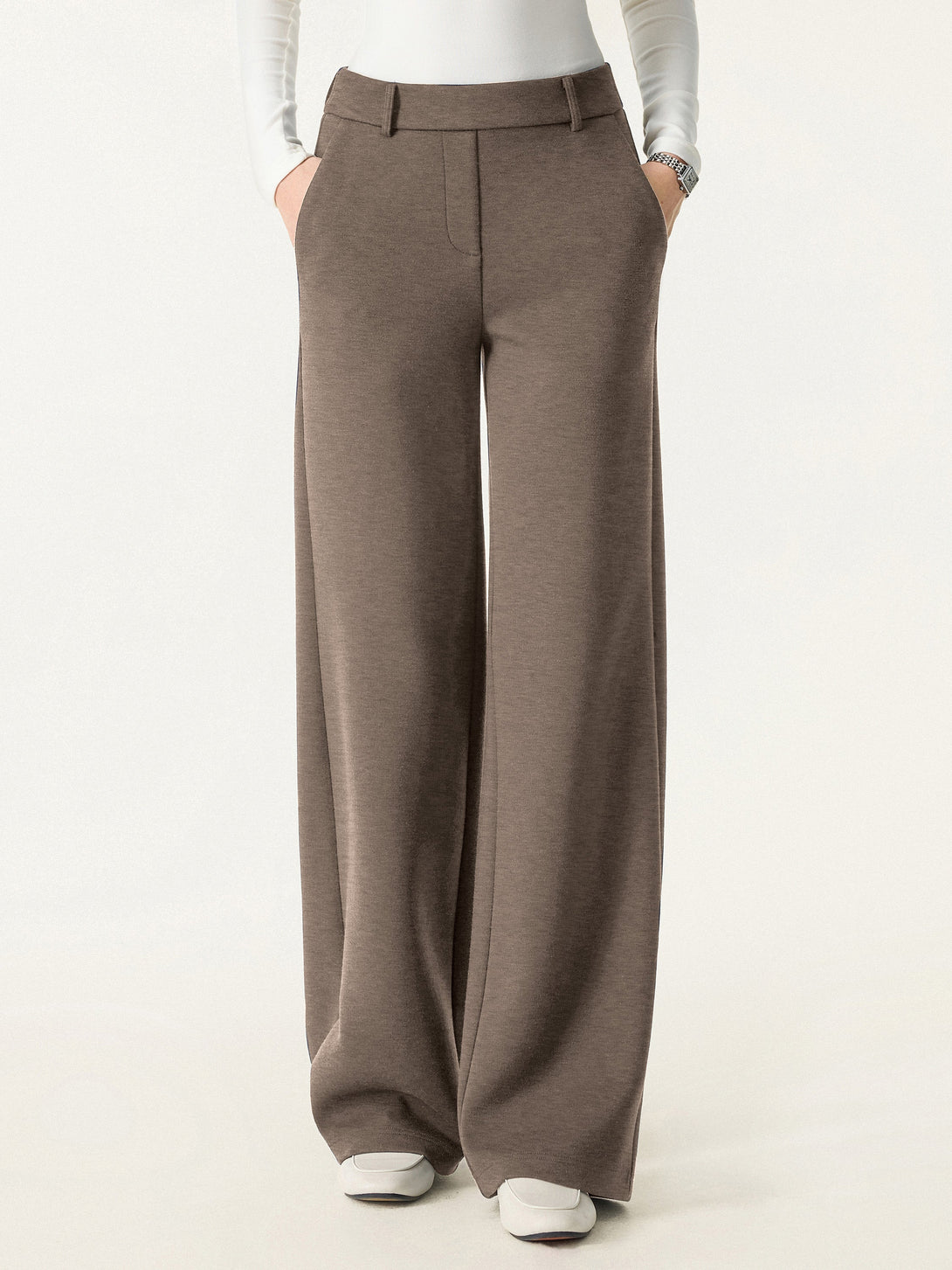Stretchy Mid Rise Straight Leg Pull-on Pants with Pockets Regular Heather Milk Chocolate